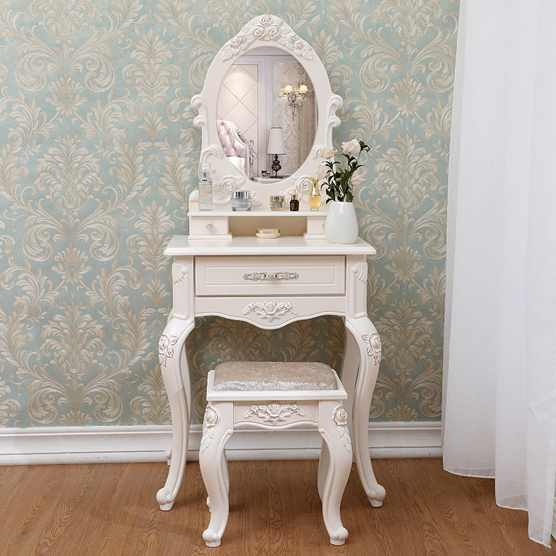 Victorian Mirrored Makeup Dressing Table Wood Stool Set in White