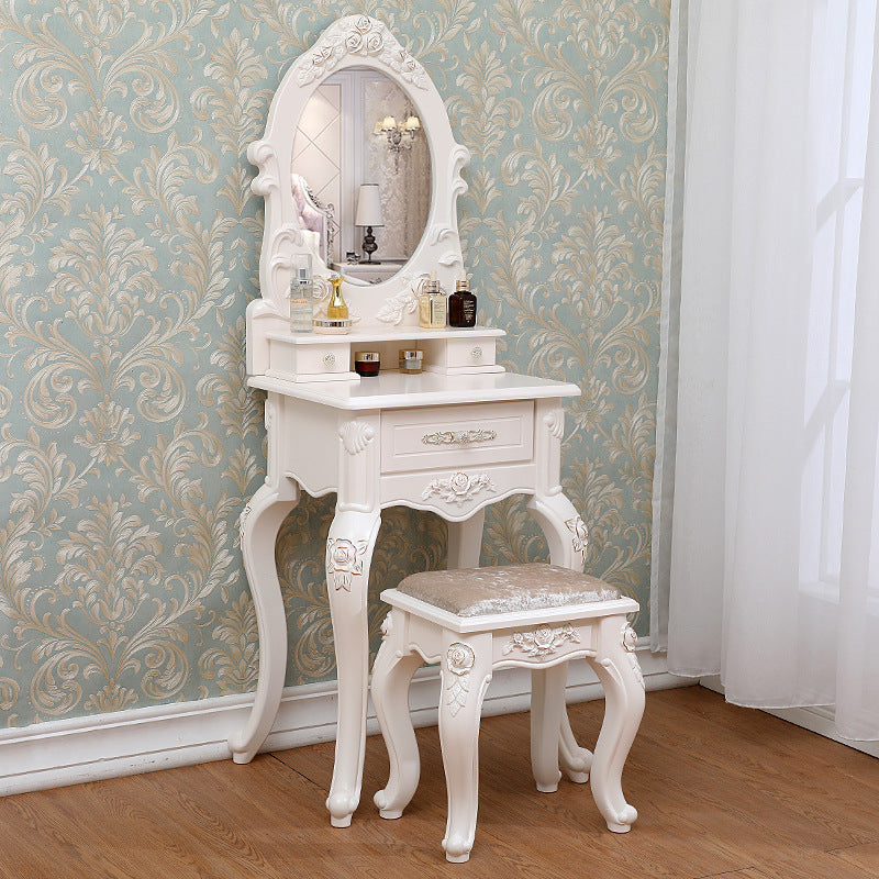 Victorian Mirrored Makeup Dressing Table Wood Stool Set in White