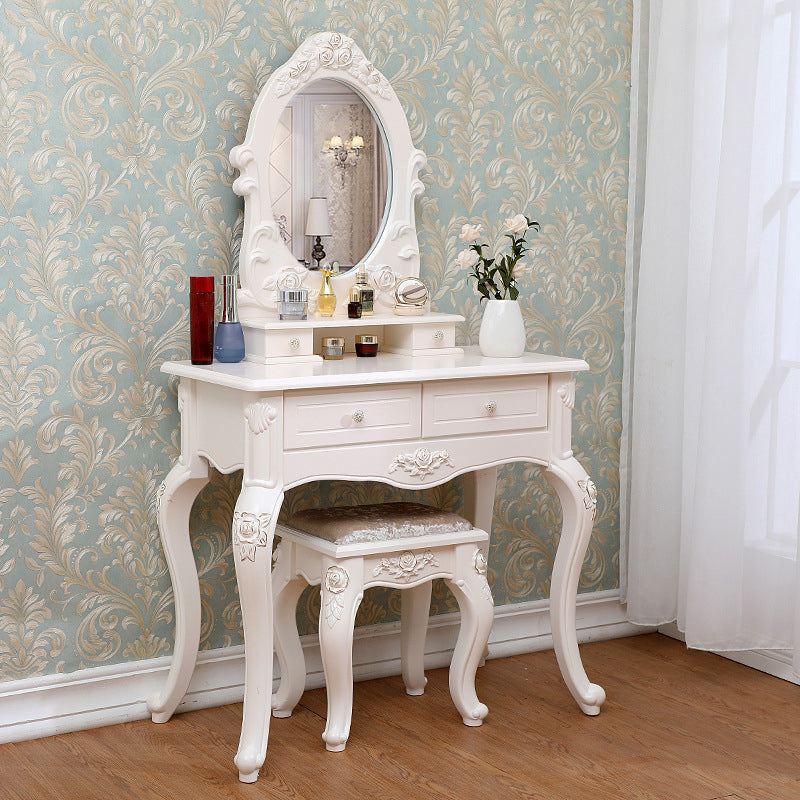 Victorian Mirrored Makeup Dressing Table Wood Stool Set in White