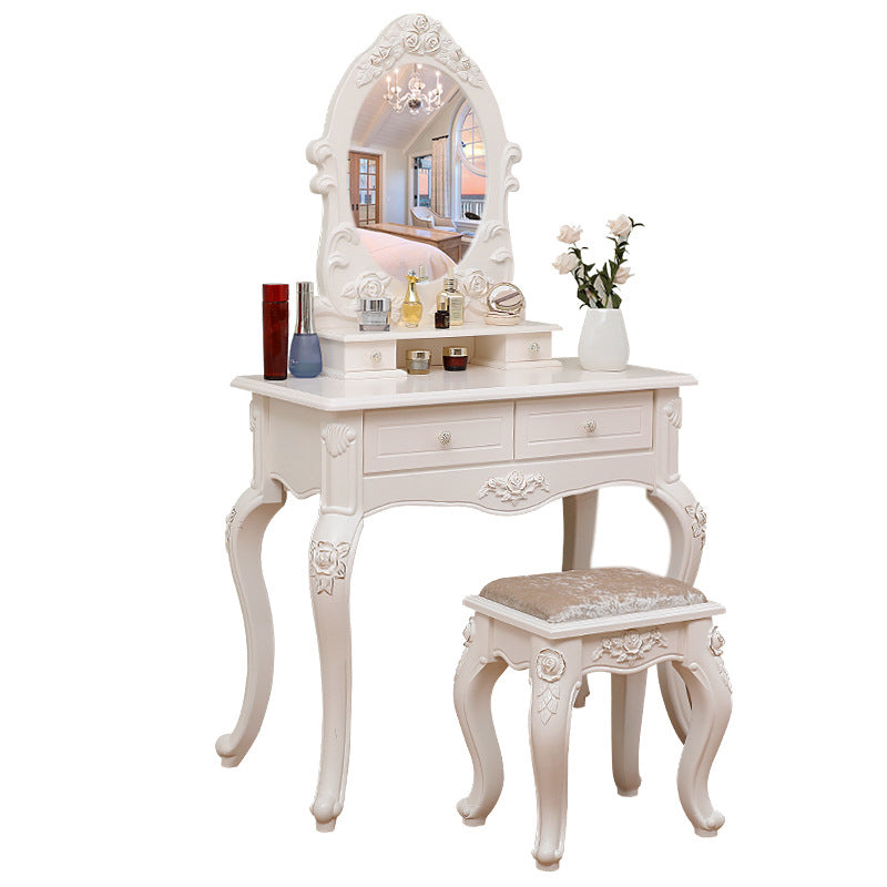 Victorian Mirrored Makeup Dressing Table Wood Stool Set in White