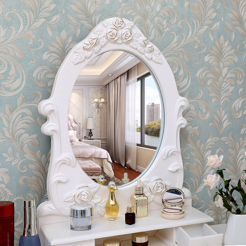 Victorian Mirrored Makeup Dressing Table Wood Stool Set in White