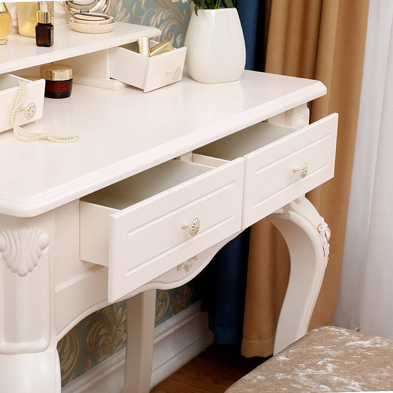 Victorian Mirrored Makeup Dressing Table Wood Stool Set in White