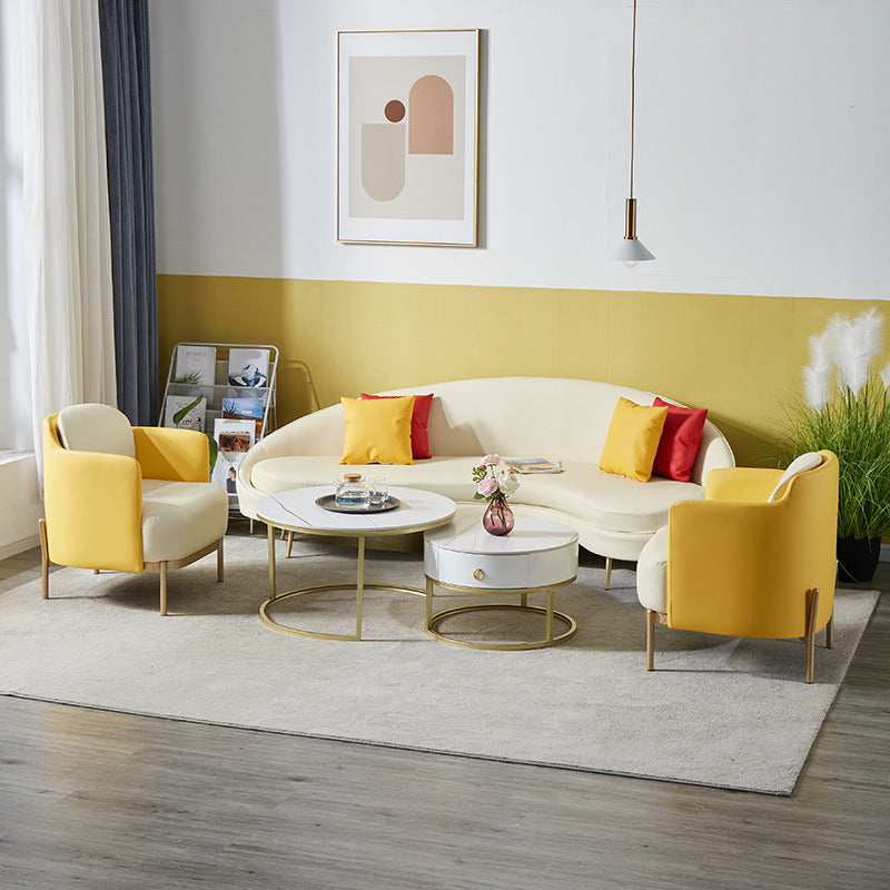 Contemporary Beige Curved Sofa in Genuine Leather with Tight Back