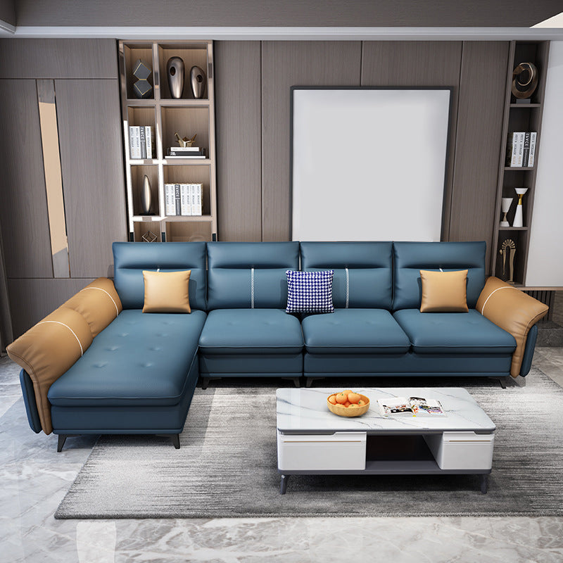 Blue 4-seater Faux Leather Tufted Pillow Top Arm Sectional Sofa