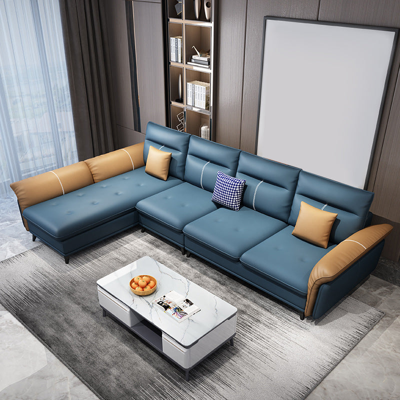 Blue 4-seater Faux Leather Tufted Pillow Top Arm Sectional Sofa