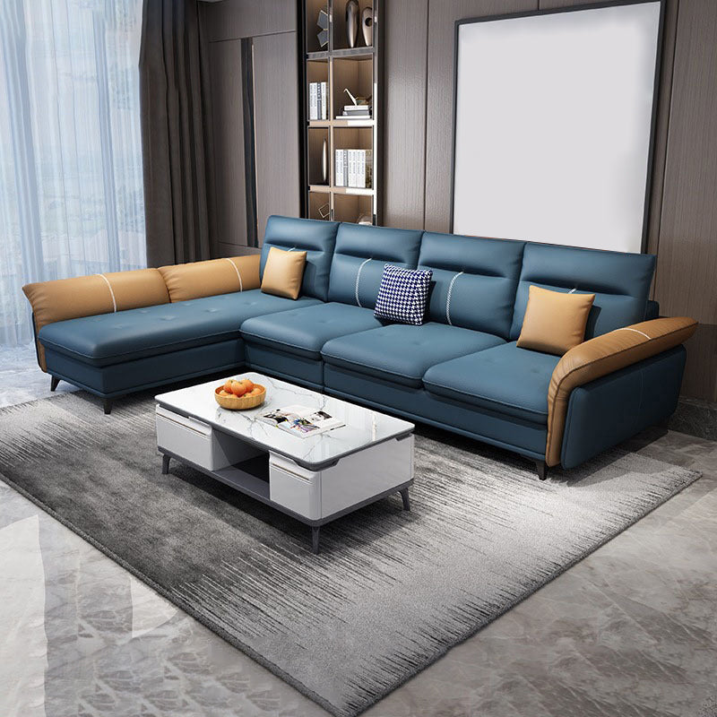 Blue 4-seater Faux Leather Tufted Pillow Top Arm Sectional Sofa