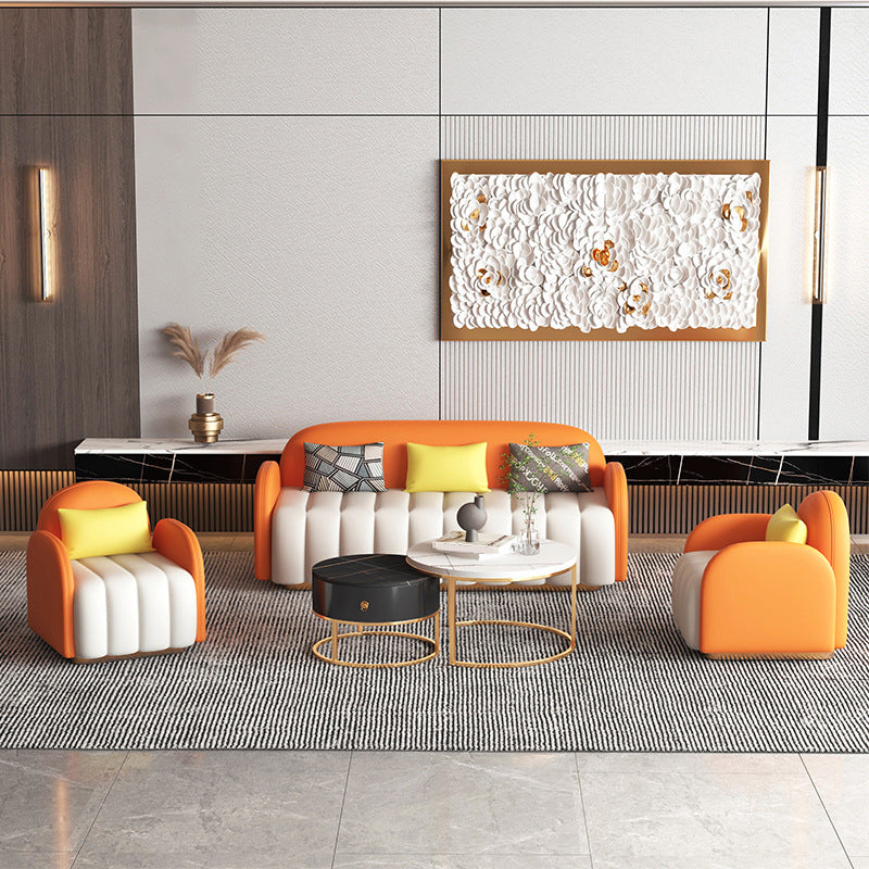 Contemporary Round Arm Standard Sofa Tight Back Faux Leather Sofa