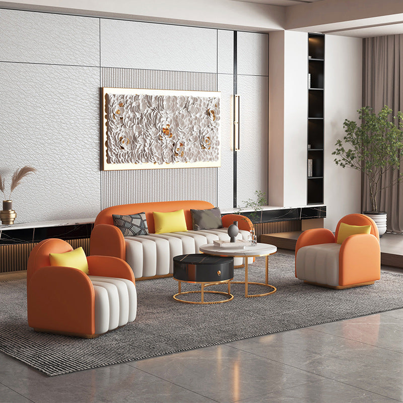 Contemporary Round Arm Standard Sofa Tight Back Faux Leather Sofa