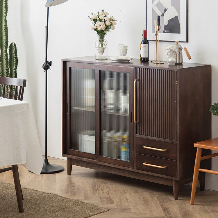 Mid-Century Modern Cabinet with Glass Doors Pine Wood Cabinet
