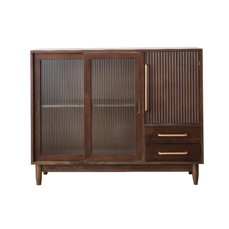 Mid-Century Modern Cabinet with Glass Doors Pine Wood Cabinet