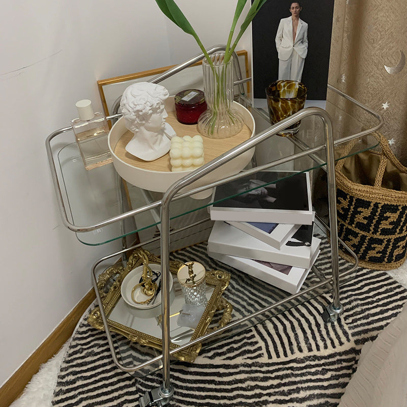 Modern Glass End Slide Table 2-Tier Corner Table with Storage
