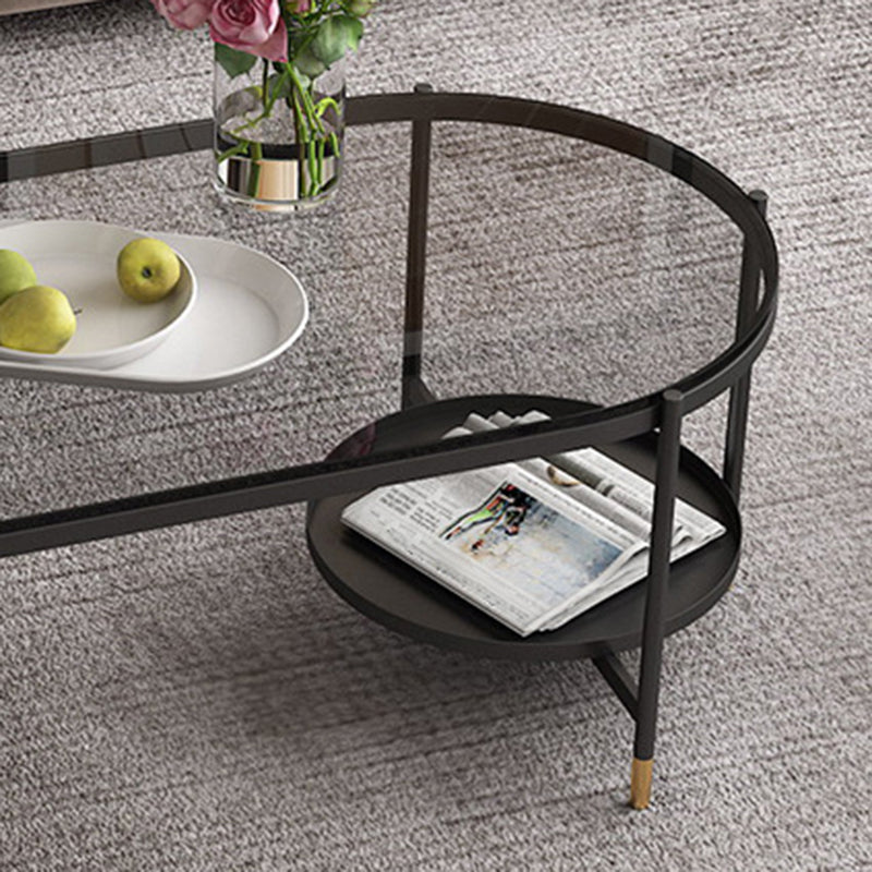 Contemporary Elliptical Glass & Slate Coffee Cocktail Table with Storage Shelf
