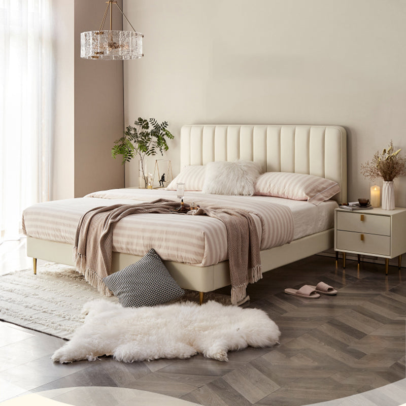 Glam Beige Bed Frame Upholstered Headboard Standard Bed Rectangular