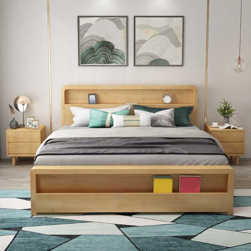 Traditional Standard Bed Pine Wood Panel Rectangular Bed Frame in Natural and Walnut