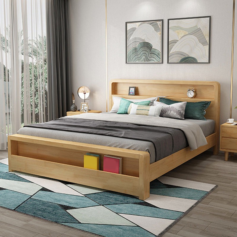 Traditional Standard Bed Pine Wood Panel Rectangular Bed Frame in Natural and Walnut