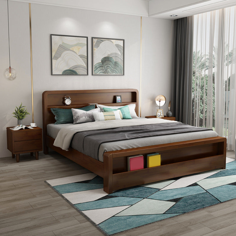 Traditional Standard Bed Pine Wood Panel Rectangular Bed Frame in Natural and Walnut