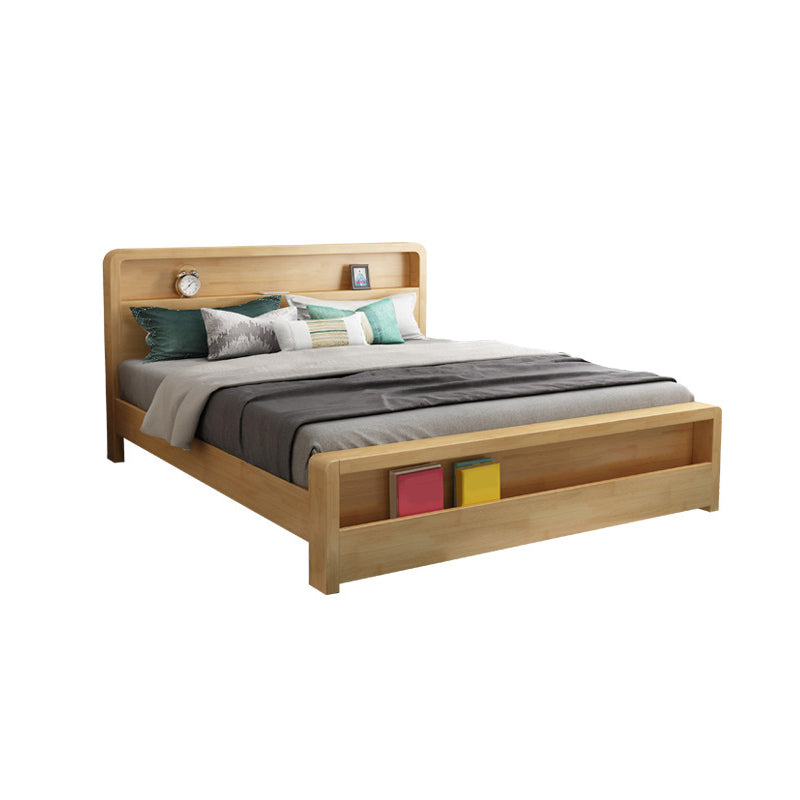 Traditional Standard Bed Pine Wood Panel Rectangular Bed Frame in Natural and Walnut