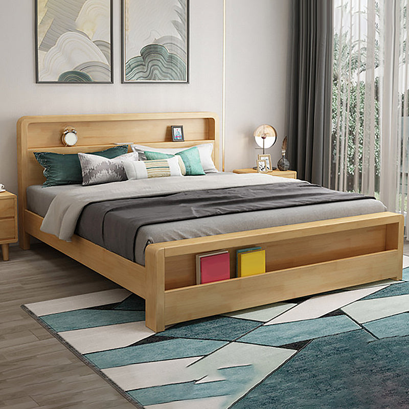 Traditional Standard Bed Pine Wood Panel Rectangular Bed Frame in Natural and Walnut