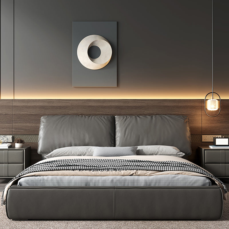 Glam Grey Bed Frame Pine Wood Upholstered Headboard Standard Bed Solid Color