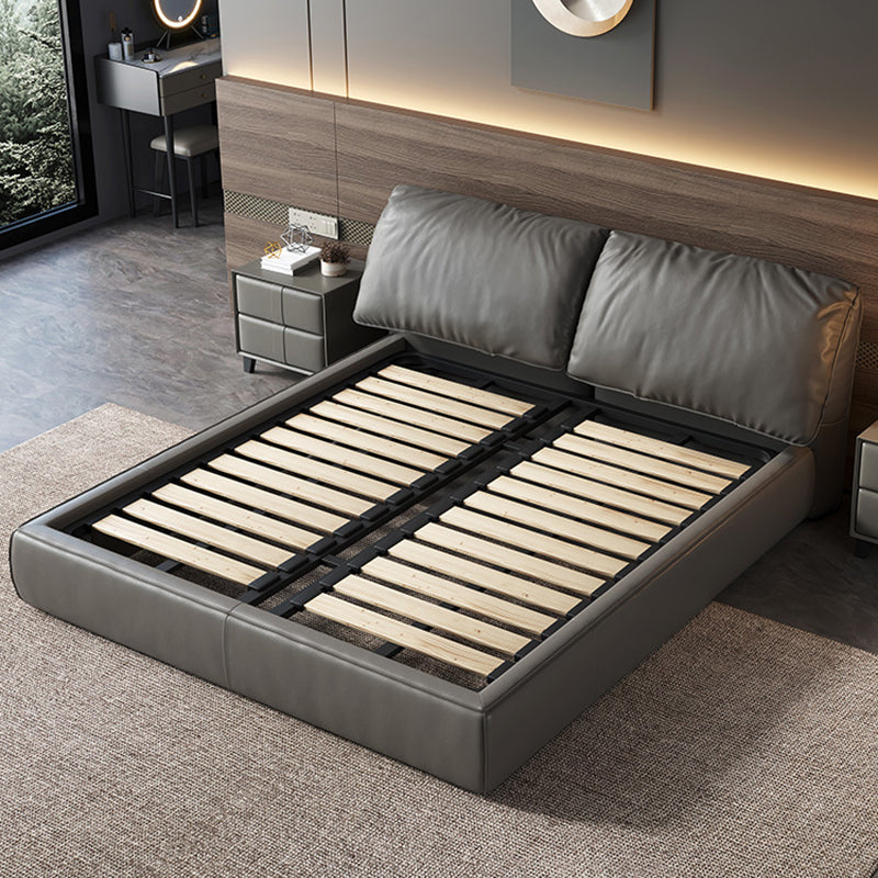 Glam Grey Bed Frame Pine Wood Upholstered Headboard Standard Bed Solid Color