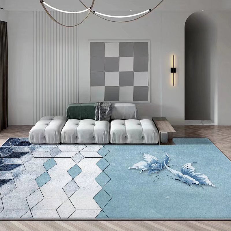 Light Blue Pattern Rug Modern Polyester Area Rug Stain Resistant Rug for Living Room