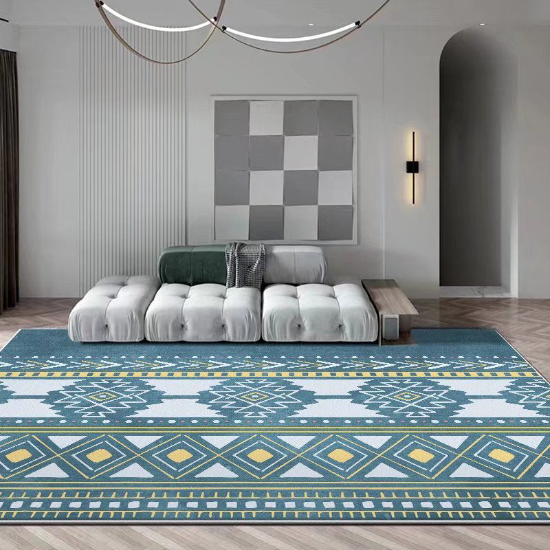 Light Blue Pattern Rug Modern Polyester Area Rug Stain Resistant Rug for Living Room