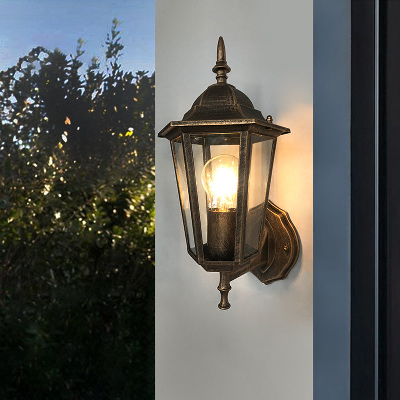 1-Light Wall Sconce Lighting Countryside Hexagon Clear Glass Wall Lamp Fixture in Antique Brass