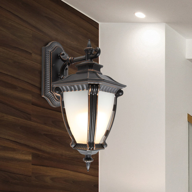1-Light Sconce Lighting Country Outdoor Wall Lampe With Urn Tanslucent Glass Shade in Black