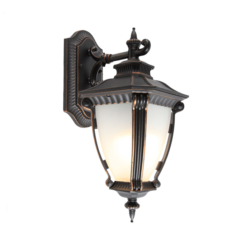 1-Light Sconce Lighting Country Outdoor Wall Lampe With Urn Tanslucent Glass Shade in Black