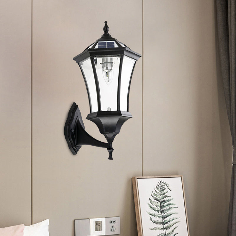 Zeshoekige gang muurverlichting boerderij helder glas 1 lamp zwarte zonne -energie wandlamp