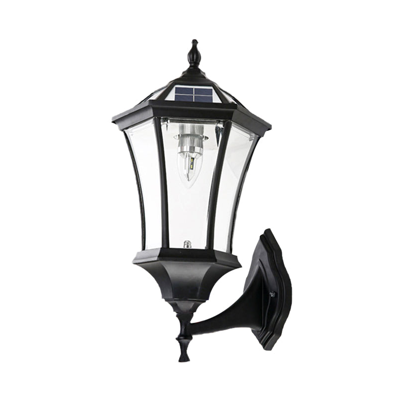Zeshoekige gang muurverlichting boerderij helder glas 1 lamp zwarte zonne -energie wandlamp