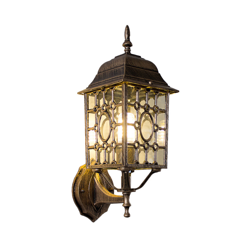 Éclairage mural de grille métallique Country 1 Bulbe Courte Courtard Lampe en rouille avec une teinte en verre transparent cuboïde