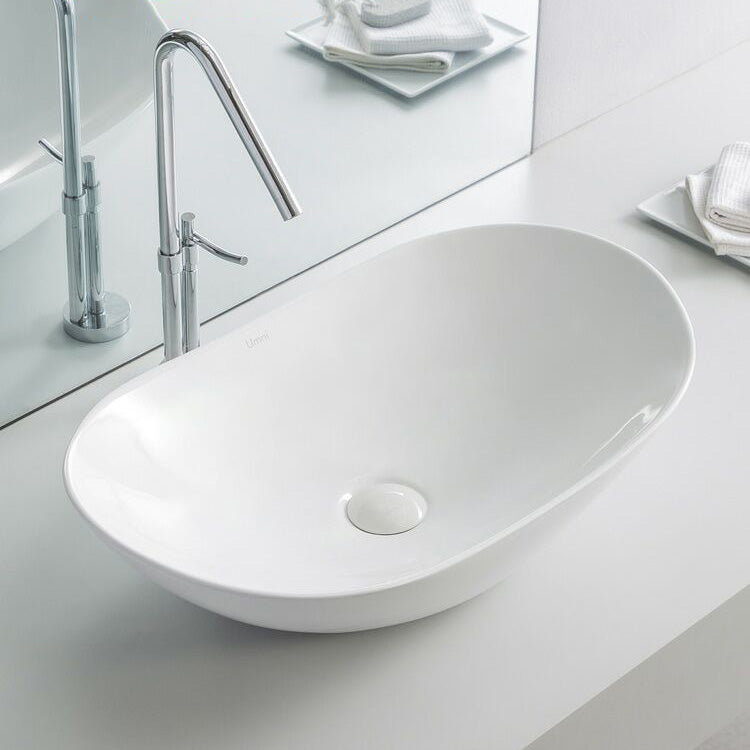 Contemporary Bathroom Sink Pop-Up Drain Porcelain Oval-Shape Vessel Lavatory Sink