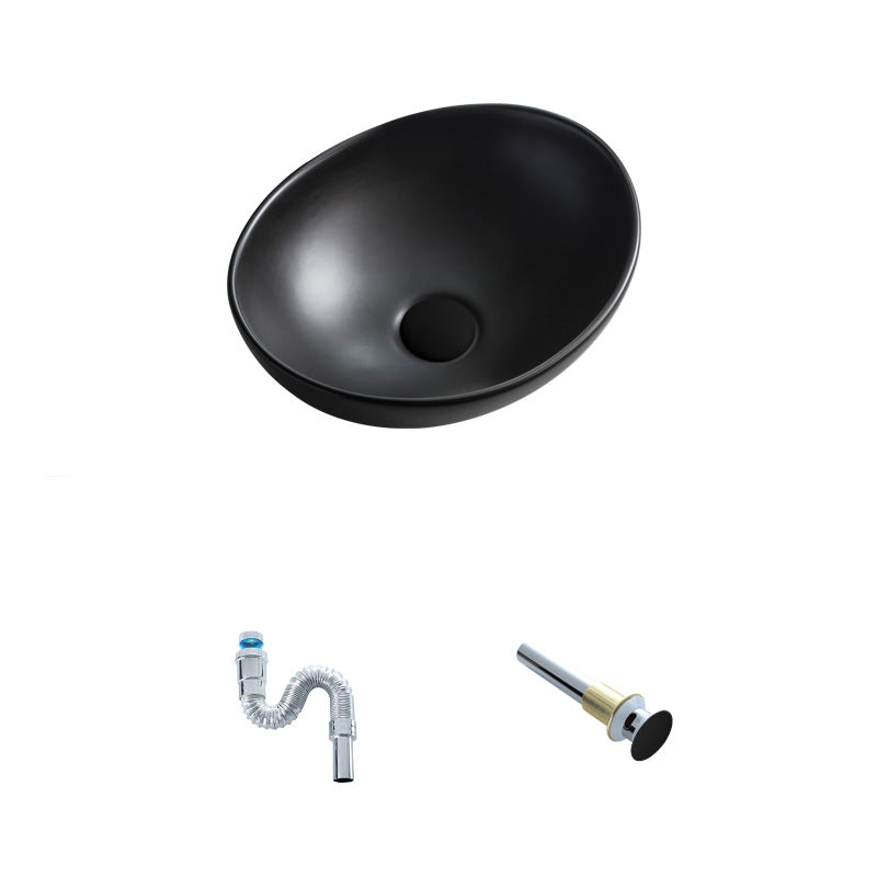 Contemporary Bathroom Sink Pop-Up Drain Porcelain Oval-Shape Vessel Lavatory Sink