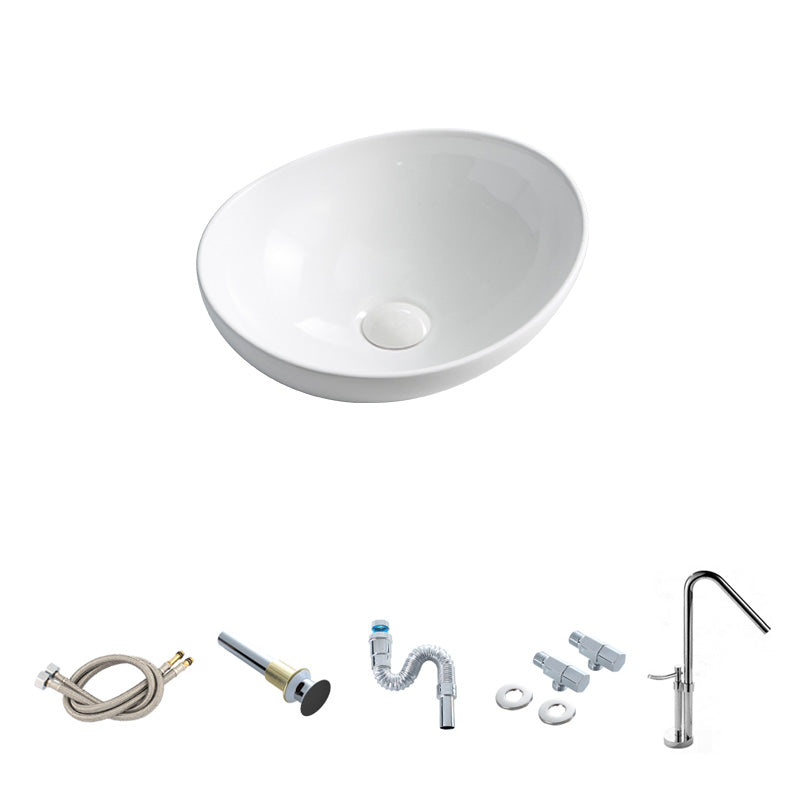 Contemporary Bathroom Sink Pop-Up Drain Porcelain Oval-Shape Vessel Lavatory Sink