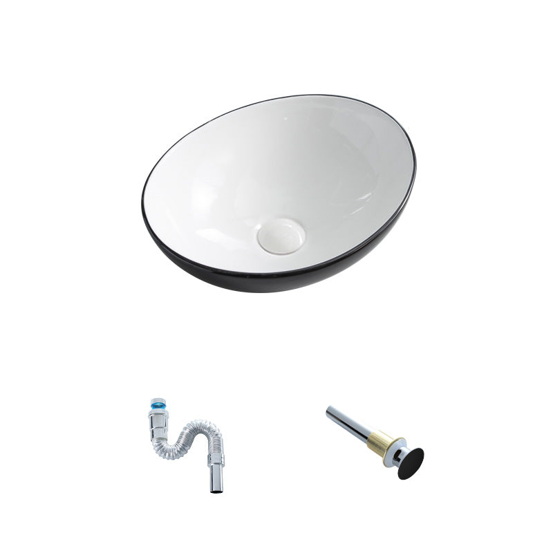 Contemporary Bathroom Sink Pop-Up Drain Porcelain Oval-Shape Vessel Lavatory Sink