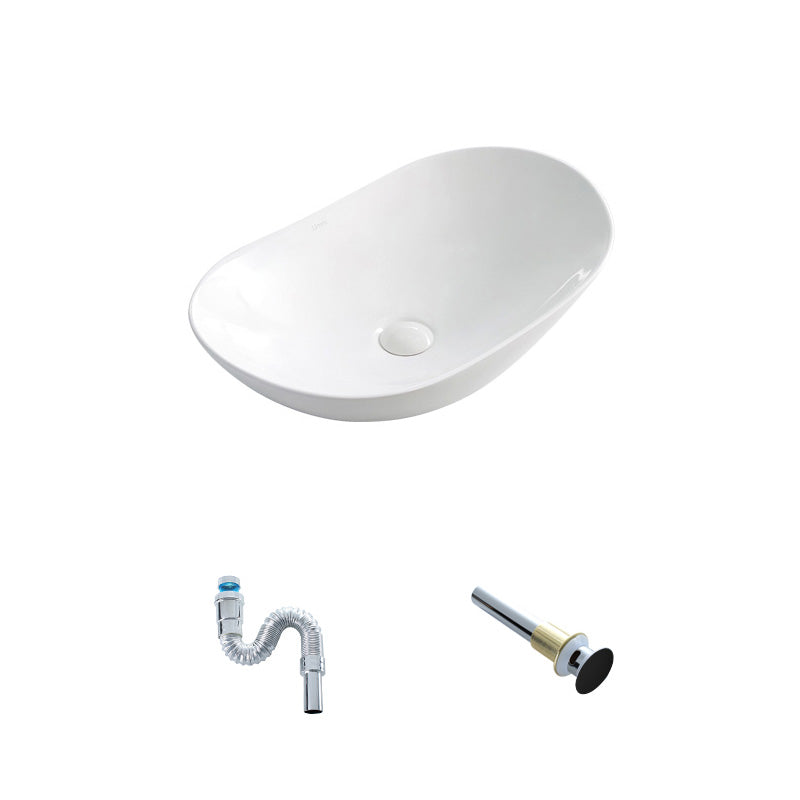 Contemporary Bathroom Sink Pop-Up Drain Porcelain Oval-Shape Vessel Lavatory Sink