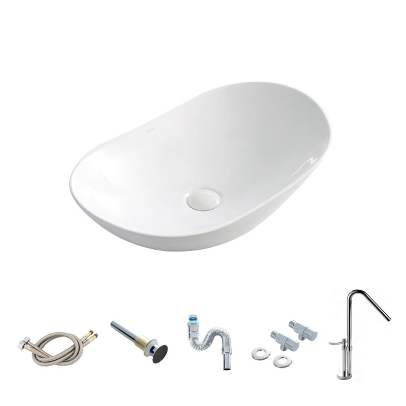 Contemporary Bathroom Sink Pop-Up Drain Porcelain Oval-Shape Vessel Lavatory Sink