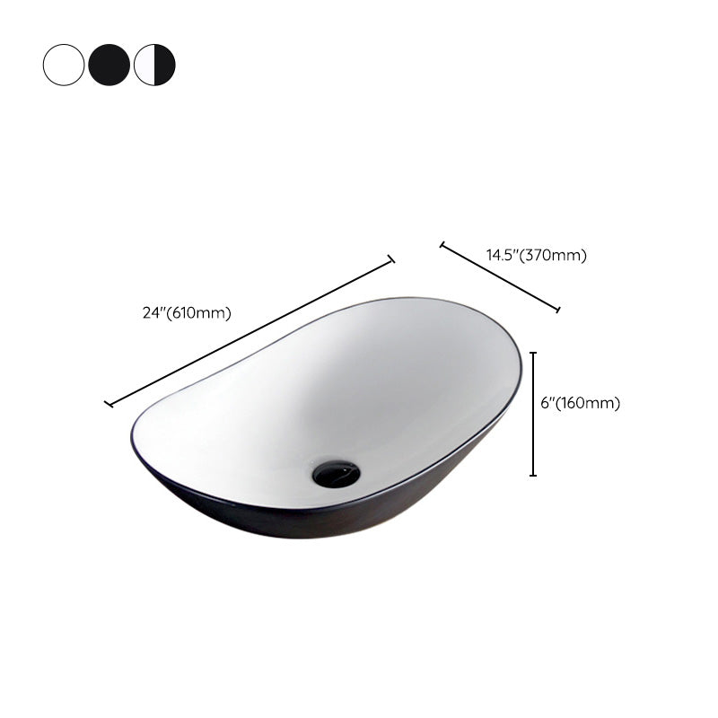 Contemporary Bathroom Sink Pop-Up Drain Porcelain Oval-Shape Vessel Lavatory Sink