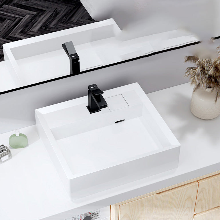Modern Bathroom Sink Pop-Up Drain Porcelain Solid Color Rectangular Vessel