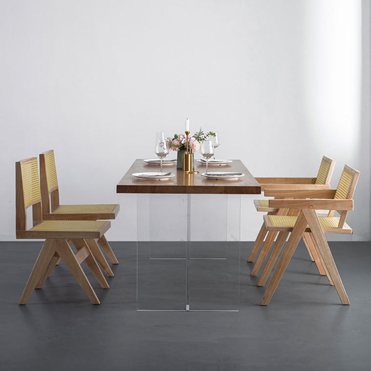 Wood Top Dining Table Set with Acrylic Base 1/4/5 Pieces Brown Dinette Set for Kitchen