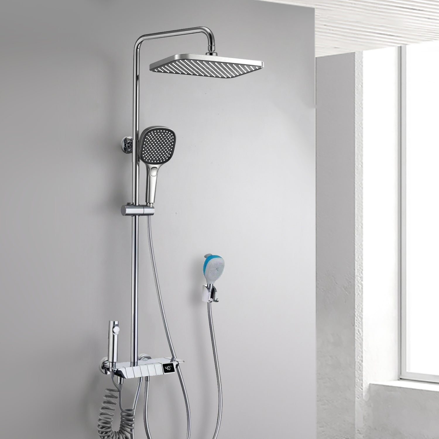 Contemporary Shower System Dual Shower Head Slide Bar Thermostatic Wall Mounted Shower Set