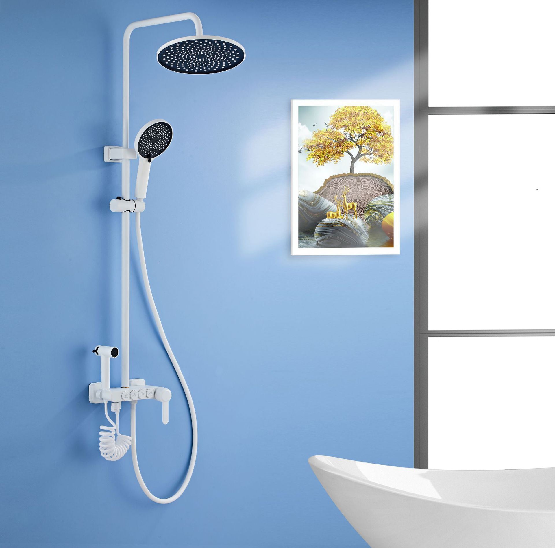 White Round Metal Shower Faucet Valve Included Shower Head Shower on Wall