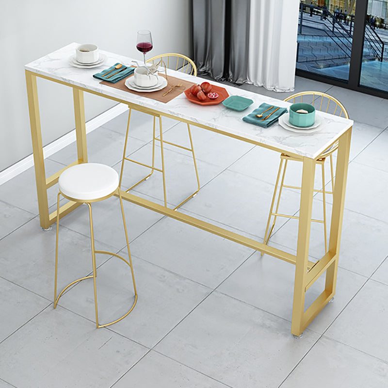 Metal Base Bar Table Rectangular Stone Top Bistro Pub Table with Gold Base