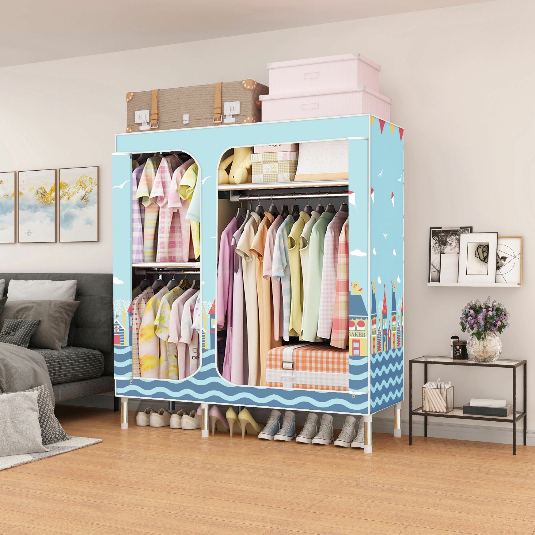 Contemporary Style Home Wardrobe Steel Wardrobe Closet with Shelves