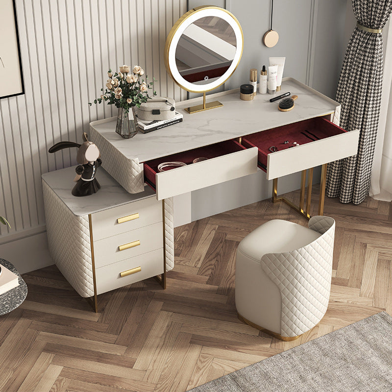 Glam Stone Top Vanity Makeup Table Set Wooden 5-Drawers Dressing Table