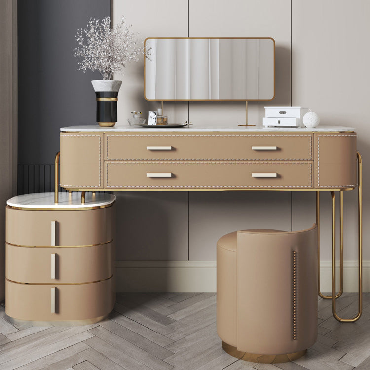 Mirrored Makeup Dressing Table Luxurious Stone Top Stool Set in Brown