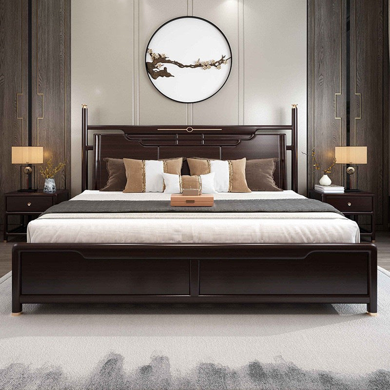 Rubberwood Standard Bed Mid-Century Modern Panel Bed with Headboard