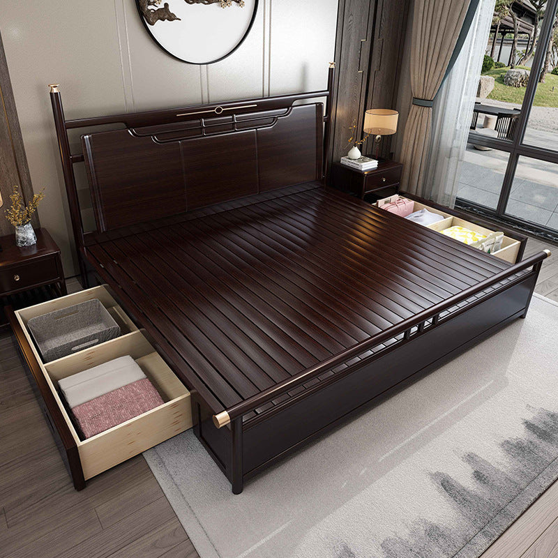 Rubberwood Standard Bed Mid-Century Modern Panel Bed with Headboard