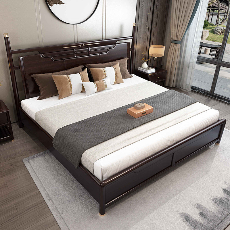 Rubberwood Standard Bed Mid-Century Modern Panel Bed with Headboard